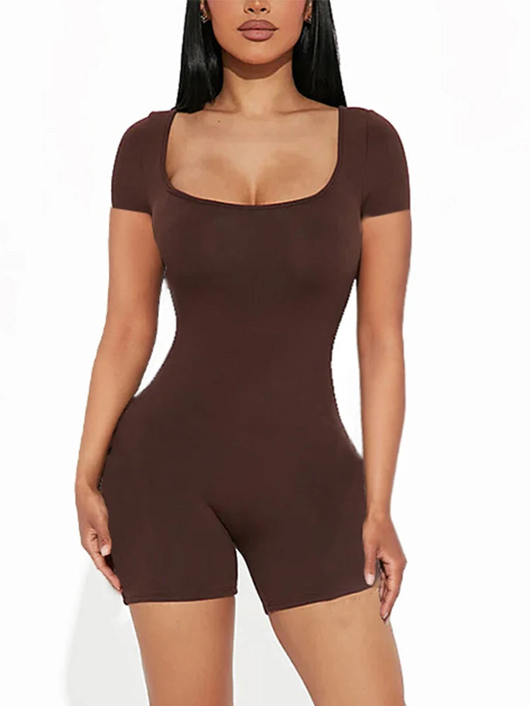Women’s Solid U Neck Short Sleeve Romper Summer Yoga Fitness Jumpsuit