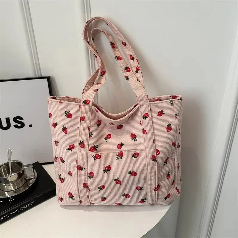 Women Corduroy Shoulder Tote Bag Strawberry Print Large Capacity Commuter Handbag