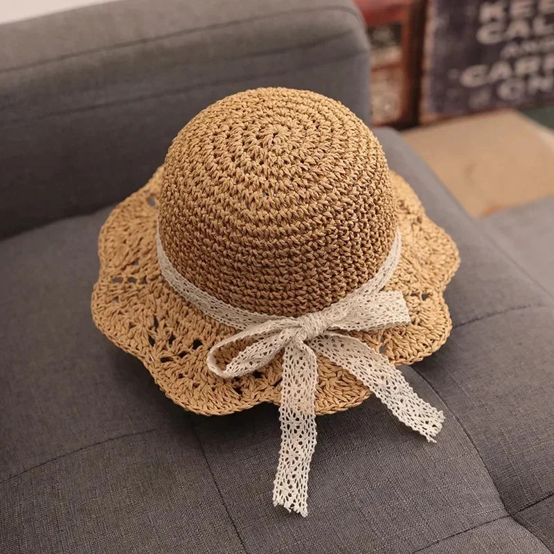 Kids Lace Straw Bow Summer Sun Hat Baby Girls Beach Panama Cap