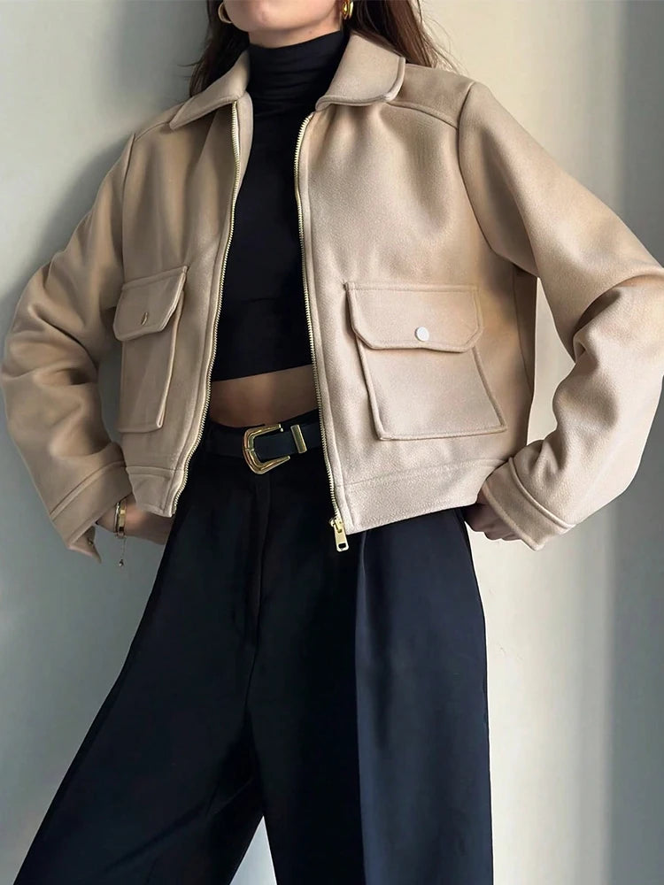 Women Winter Zipper Jacket Long Sleeve Short Coat Elegant Street Outerwear
