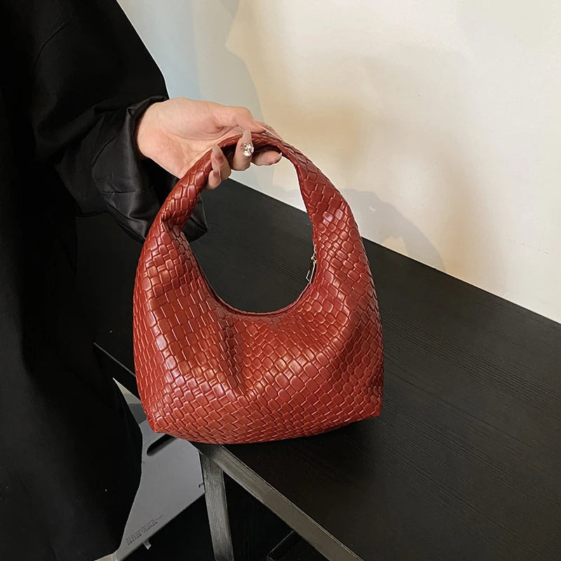Women Woven Embossed Hobo Bag Soft PU Leather Shoulder Handbag