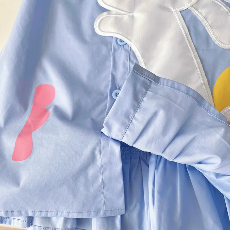 Girls Rabbit Puff Sleeve Cotton Dress Summer Turn Down Collar Princess Outfit