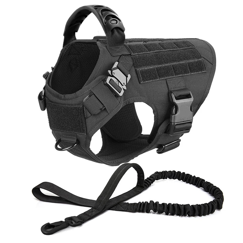Large Dog Harness Collar Leash Set with Molle Pouches for Training Walking