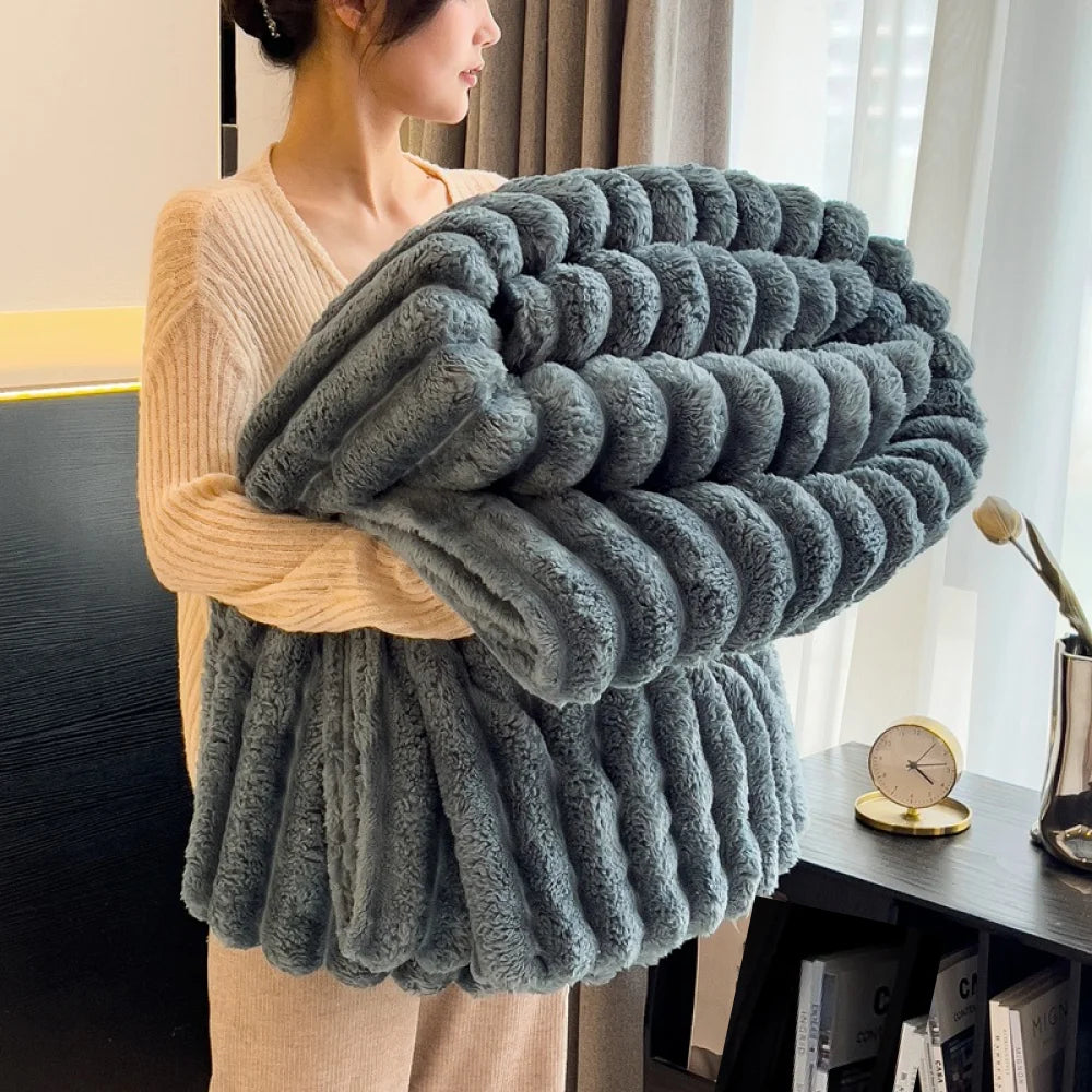Soft Fluffy Throw Blanket 250GSM Warm Striped Bed Blanket for Winter