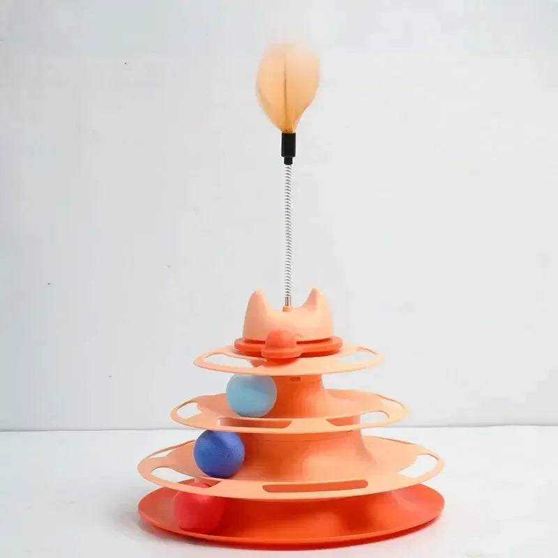 Four Layer Cat Rotating Ball Tower Toy with Feather Stick