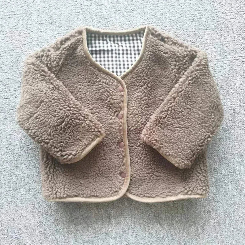 Kids Reversible Plaid Plush Jacket Warm Autumn Winter Coat Boys Girls
