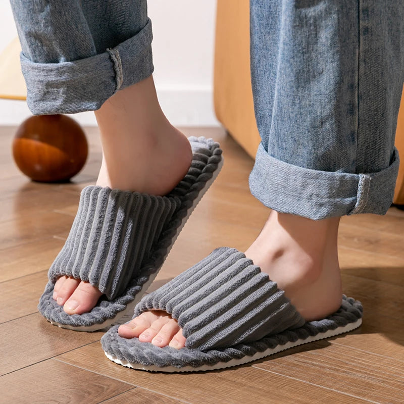 Corduroy Open Toe Slippers Unisex Cozy Indoor Home Slides Soft Anti-Slip Minimalist Shoes