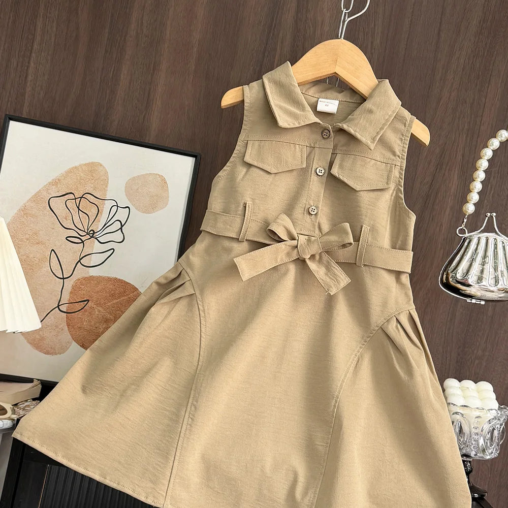 Girls Summer Sleeveless Dress with Waistband Solid Color Kids Outfit