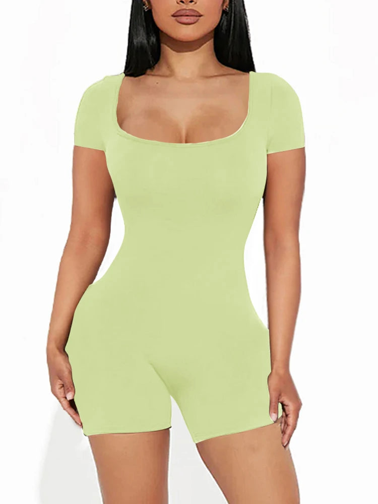 Women’s Solid U Neck Short Sleeve Romper Summer Yoga Fitness Jumpsuit