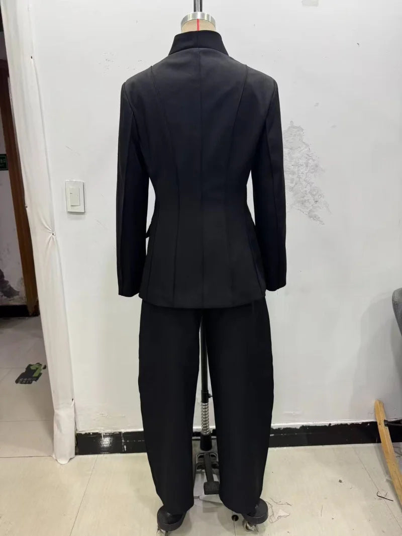 Women Slim Fit Suit Set High Collar Blazer and Casual Trousers Two Piece Outfit
