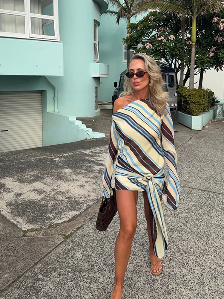 Women Stripe Print Off Shoulder Mini Dress Long Sleeve Beach Vacation Dress