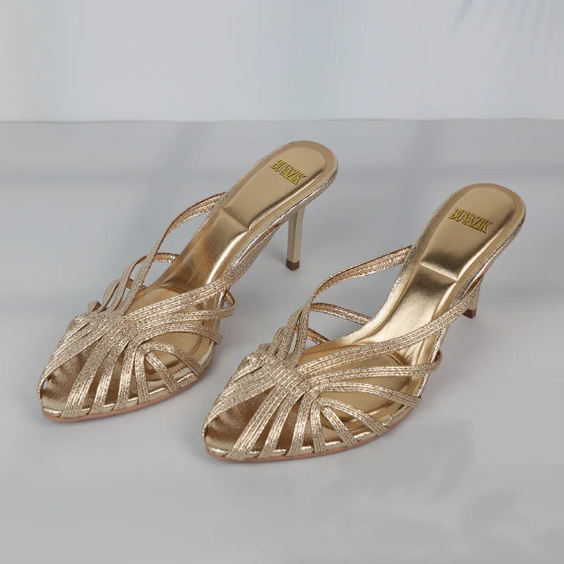 Gold Pointed Toe Mule Heels for Women Stiletto Sandals