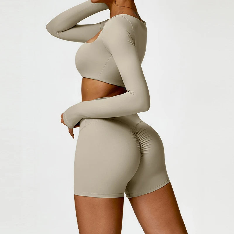 2PCS Seamless Yoga Set Women Long Sleeve Crop Top High Waist Leggings Workout Outfit