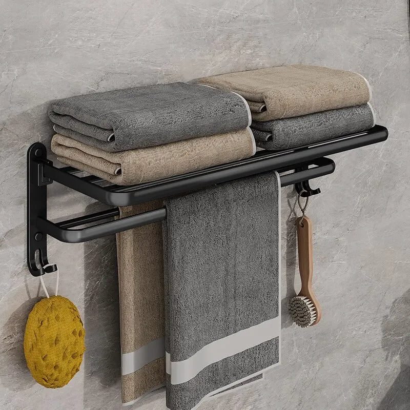 Matte Black Folding Towel Rack Wall Mount Aluminum Holder with Hook 50cm