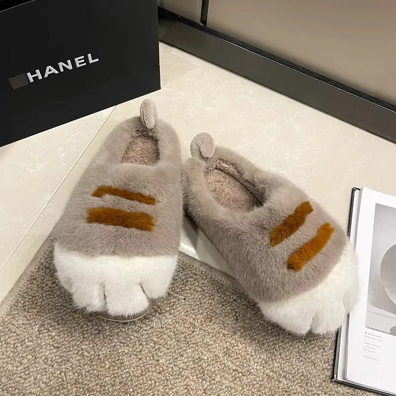 Women’s Cat Paw Fluffy Slippers Warm Non Slip Home Shoes