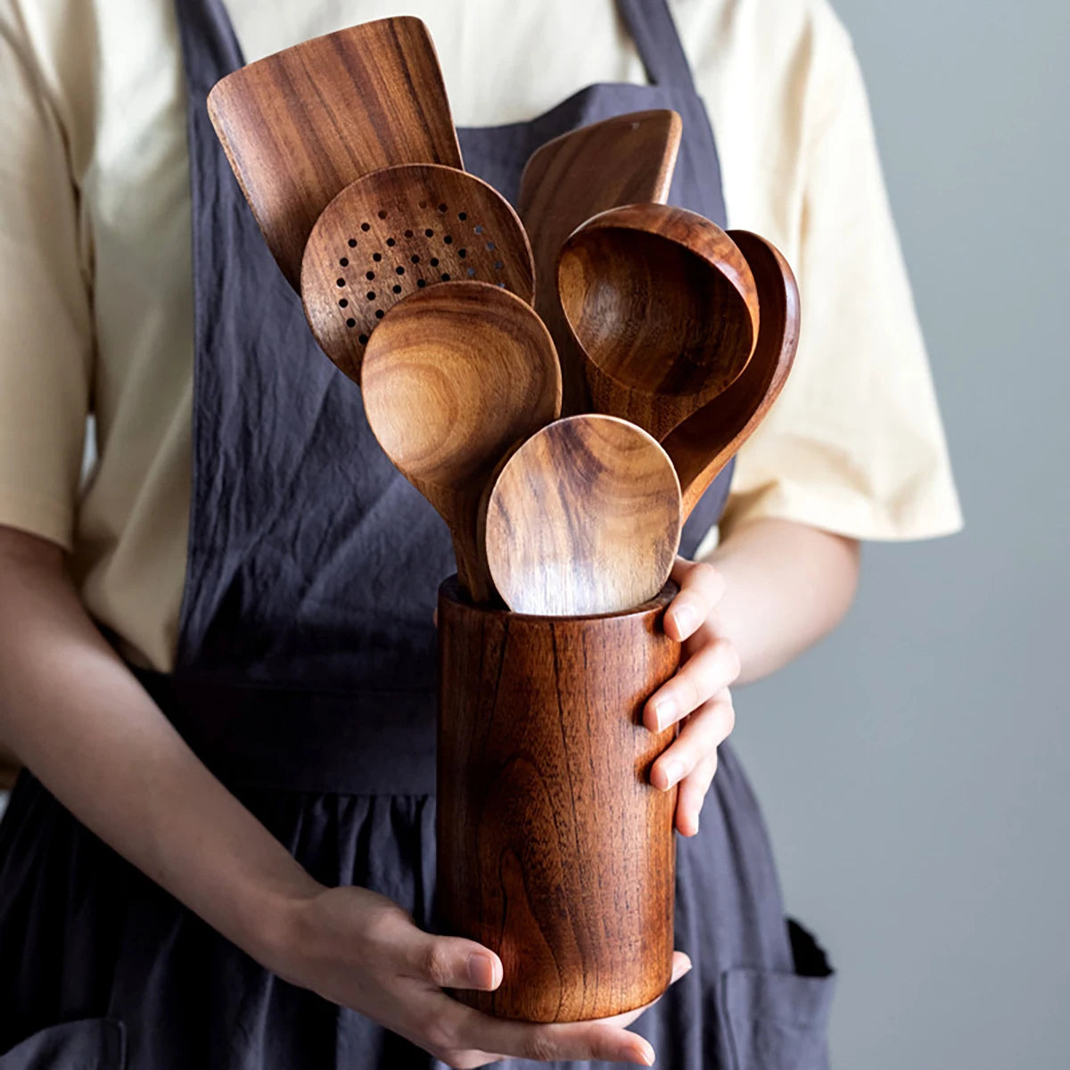 Wood Kitchen Cooking Utensil Set Spatula Spoon Fork Salad Baking Tools with Holder