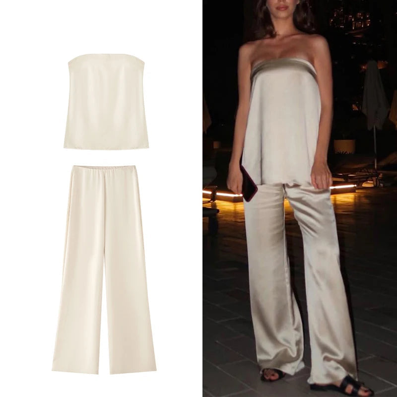 Women Satin Pants Set High Waist Straight Leg 2 Piece Outfit