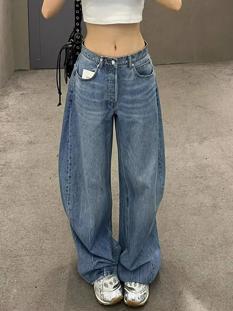 Women Y2K Gradient Blue Jeans Retro Letter Print High Waist Denim Pants 2025