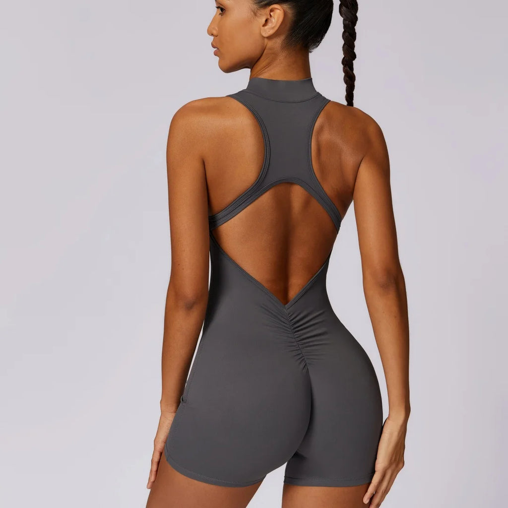 Women Backless Scrunch Yoga Jumpsuit Zipper Fitness Sportswear One Piece Suit
