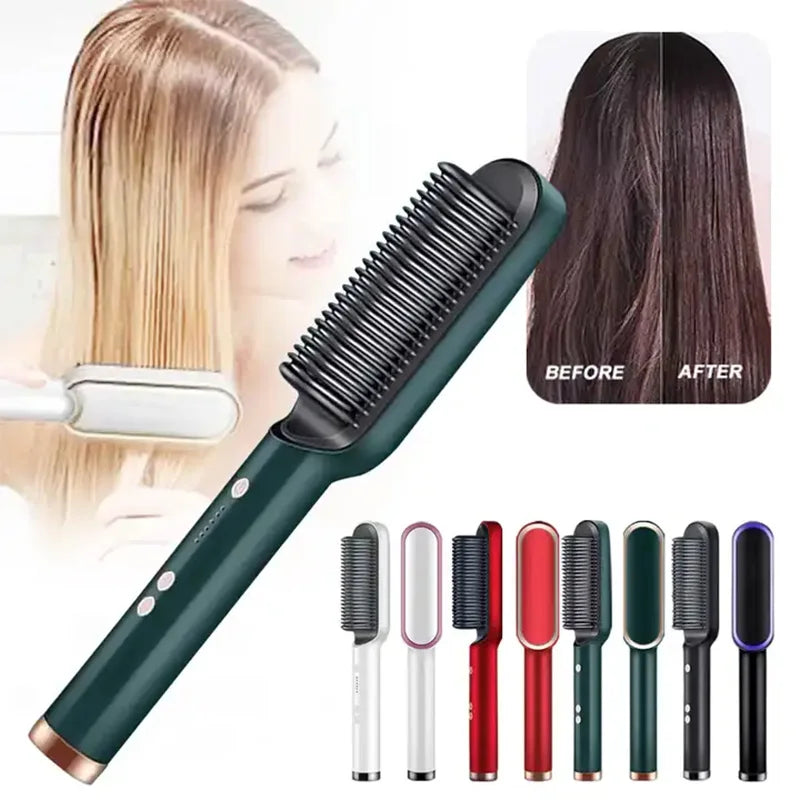 Electric PTC Heating Brush 3-in-1 Hair Dryer Straightener Curler Ceramic Flat Iron Comb