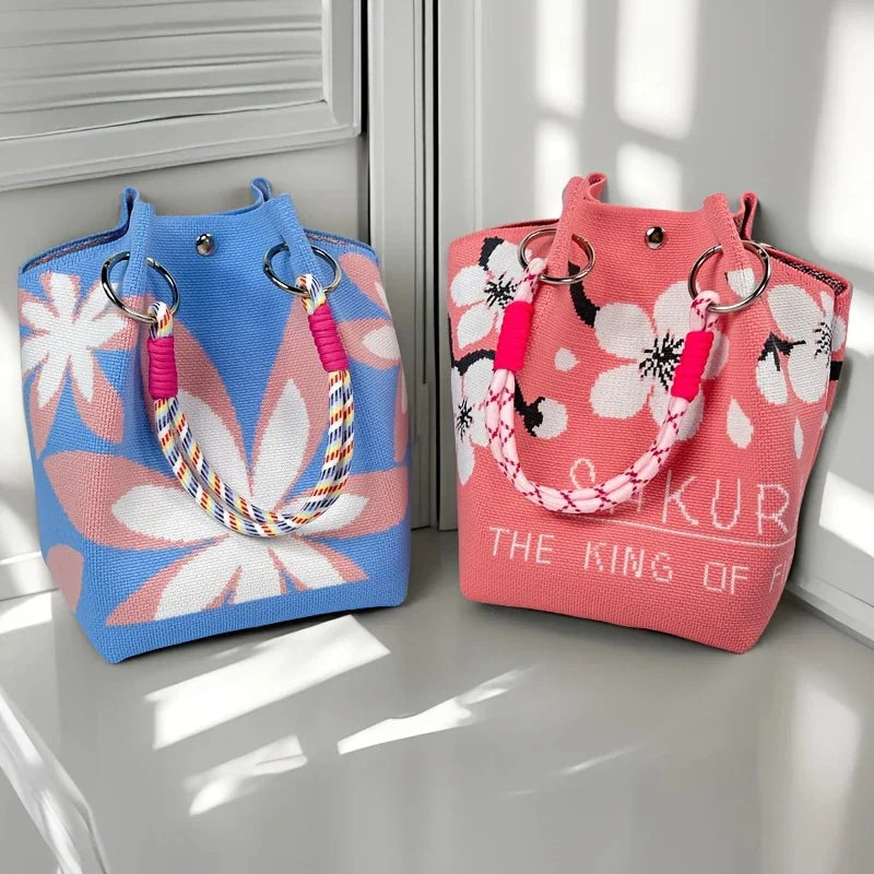 Women Vintage Floral Knit Tote Bag Adjustable Strap