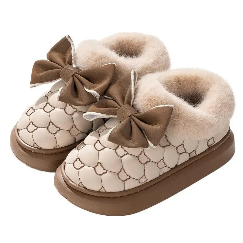 Women Winter Platform Ankle Boots Fluffy Indoor Slippers Bow Warm House Shoes