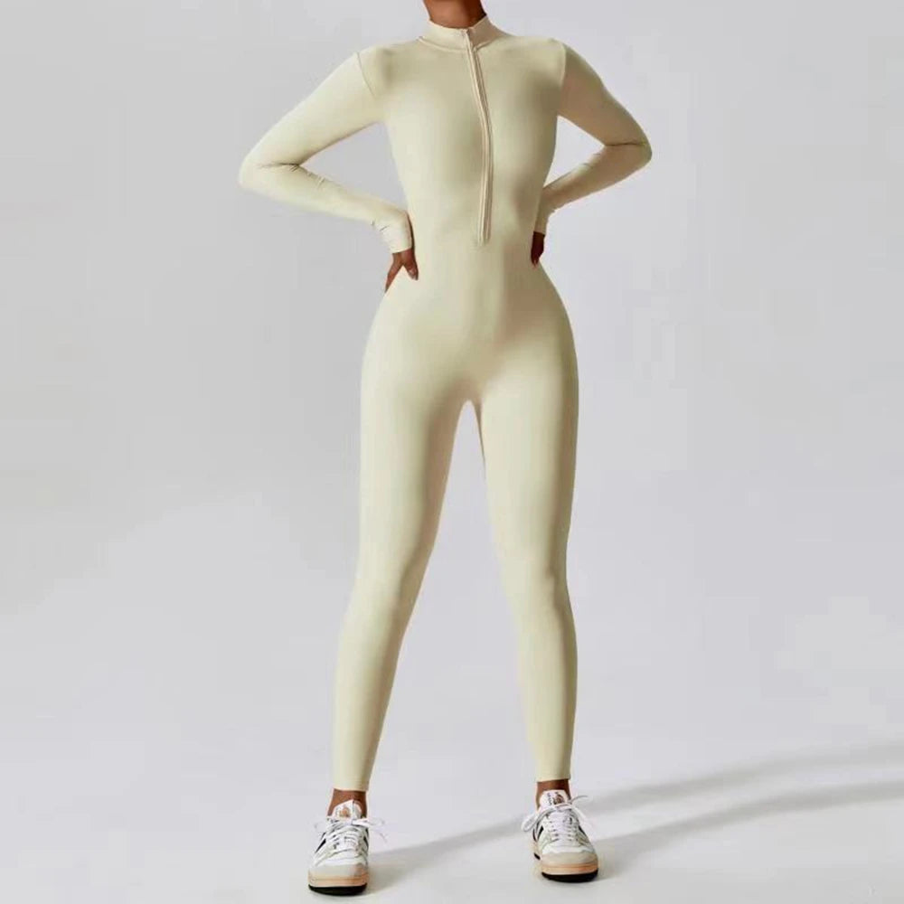 Women Long Sleeve Yoga Jumpsuit Slim Fit Zipper Fitness One Piece Sports Romper