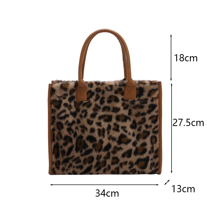 Leopard Faux Fur Tote Bag Soft Plush Shoulder Handbag