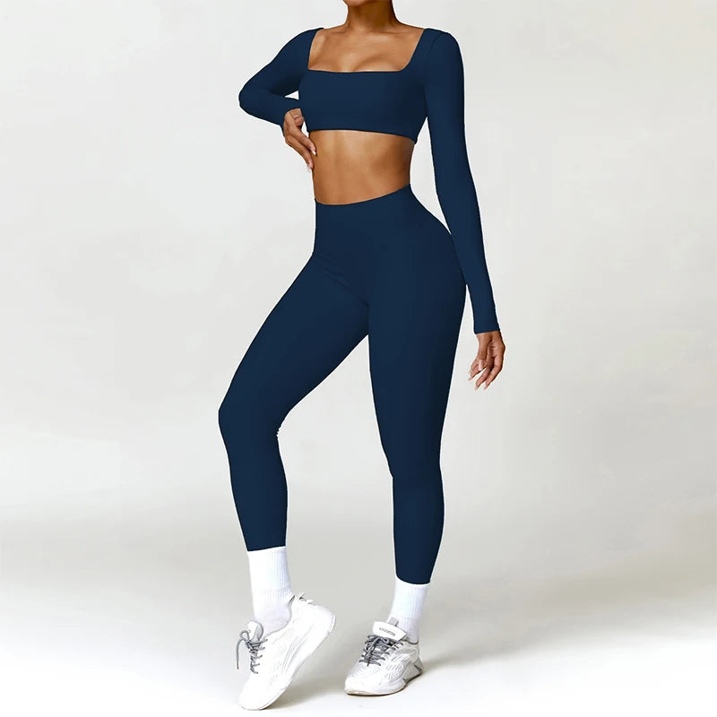 2PCS Seamless Yoga Set Women Long Sleeve Crop Top High Waist Leggings Workout Outfit