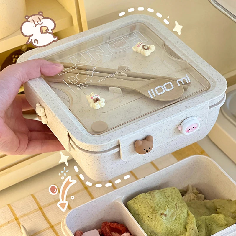1100ml Lunch Box Bento Box with Spoon & Chopsticks Microwave Safe Wheat Straw Food Container for Kids Adults School Office