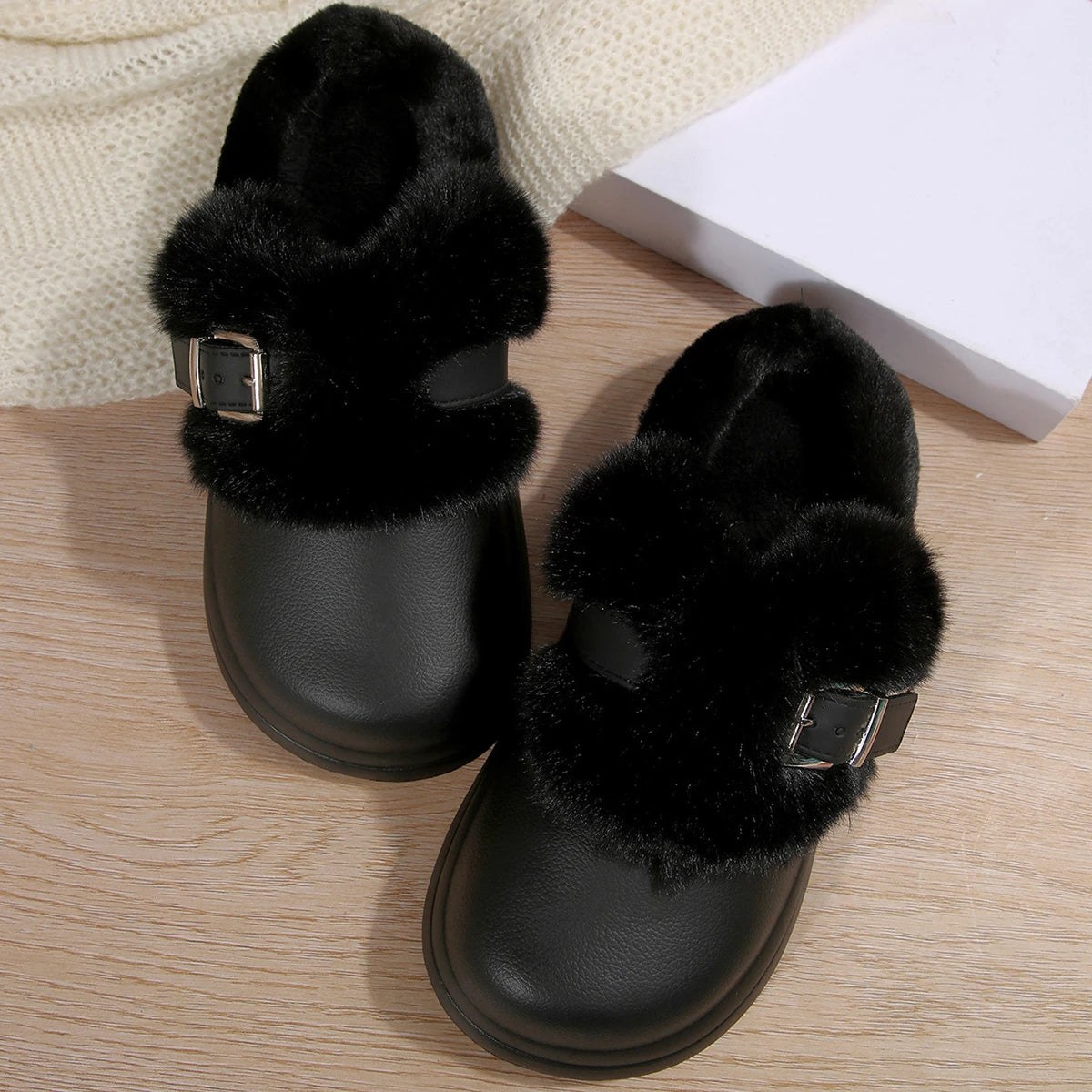 Women Furry EVA Clogs Thick Sole Warm Plush Winter Slippers