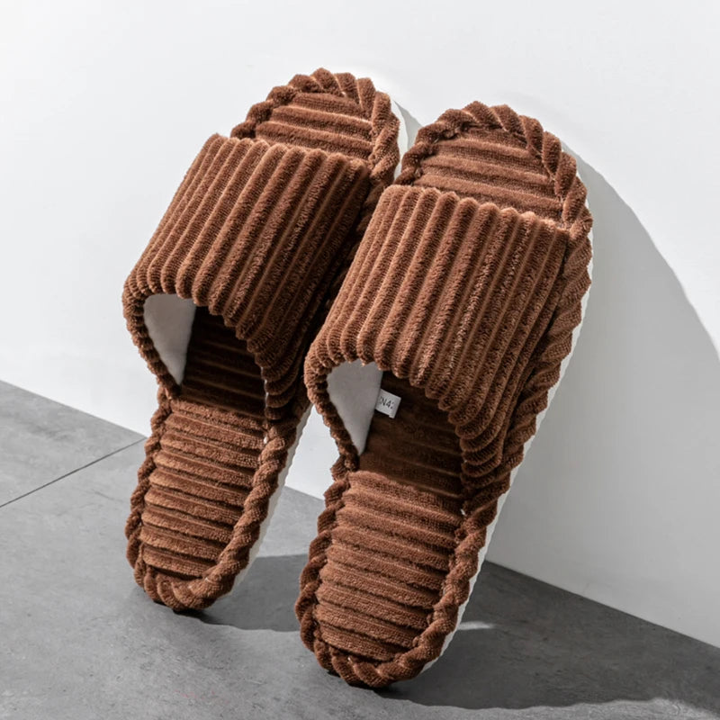 Corduroy Open Toe Slippers Unisex Cozy Indoor Home Slides Soft Anti-Slip Minimalist Shoes