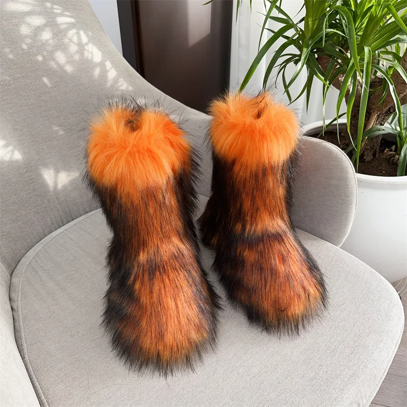 Women Fur Snow Boots Warm Mid Calf Winter Shoes