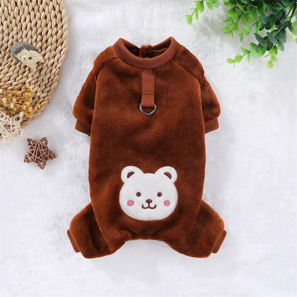Warm Fleece Dog Jumpsuit Soft Pet Coat with Leash Ring