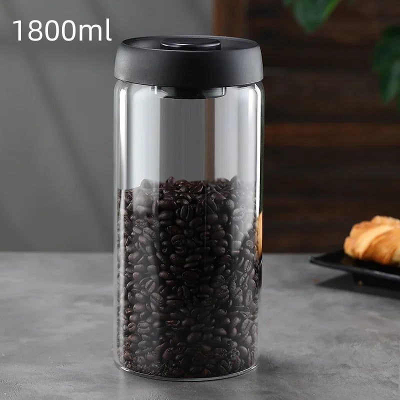 Glass Coffee Bean Storage Jar Vacuum Sealed Moisture Proof Black Lid Canister