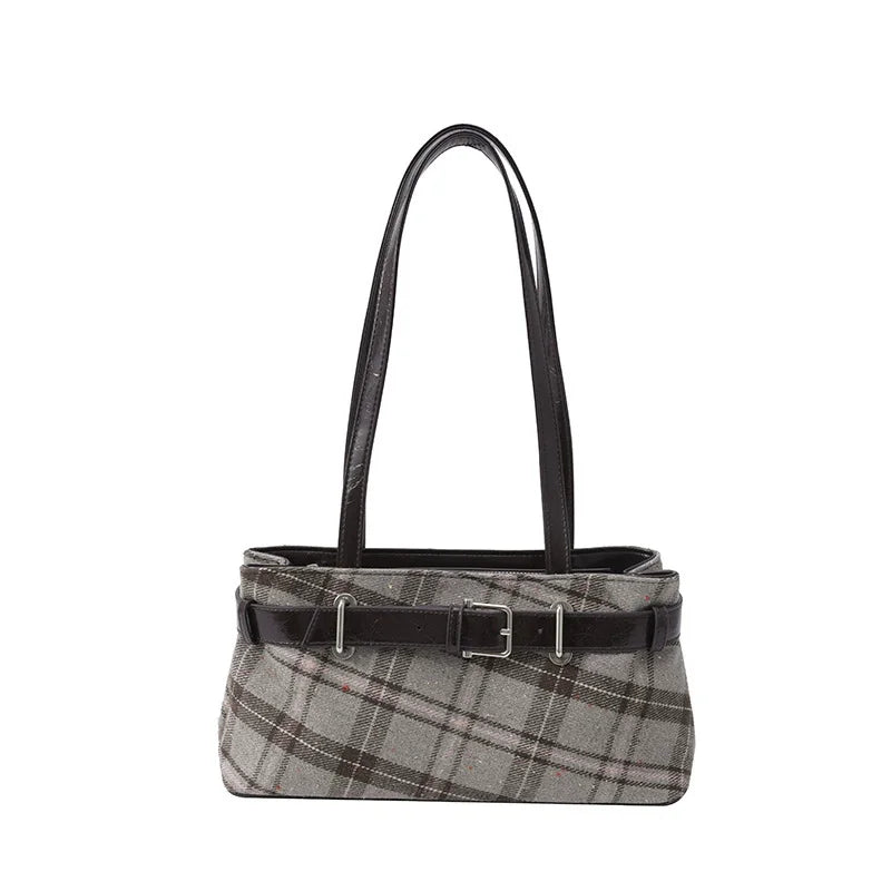 Women Retro Plaid Tote Bag Textured Shoulder Handbag Work Commuter Bag 2026