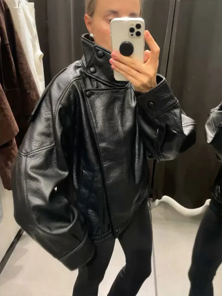 Women Faux Leather Zip Up Jacket Casual Long Sleeve PU Coat Streetwear