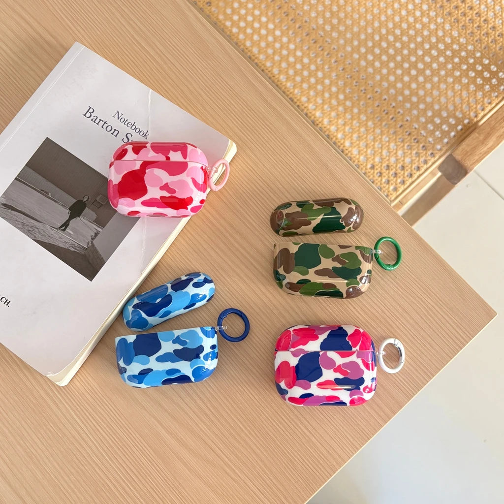 Camouflage Color Collision Stylish AirPods Earphone Case Cover with Hook