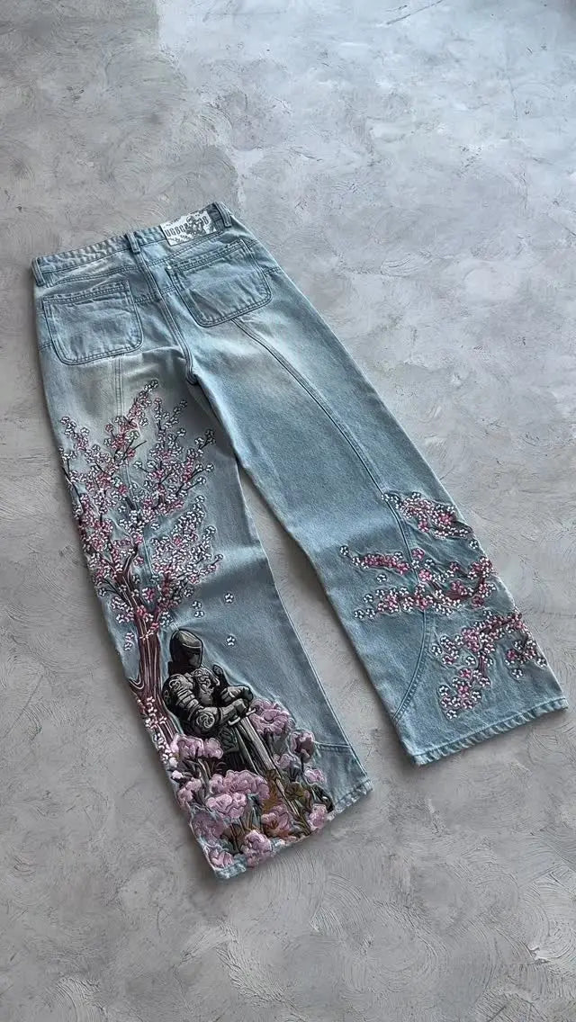 Y2K Cherry Blossom Embroidered Baggy Jeans Vintage Straight Denim Pants