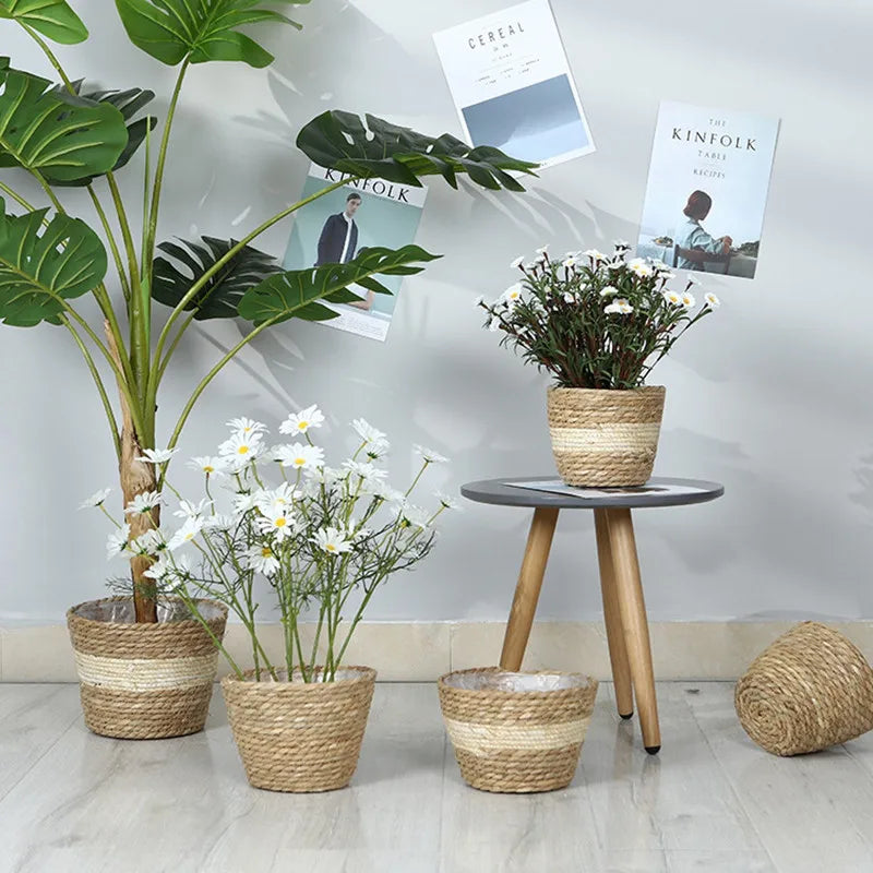 Straw Weaving Plant Pot Basket Grass Planter Cover Indoor Outdoor Flower Container