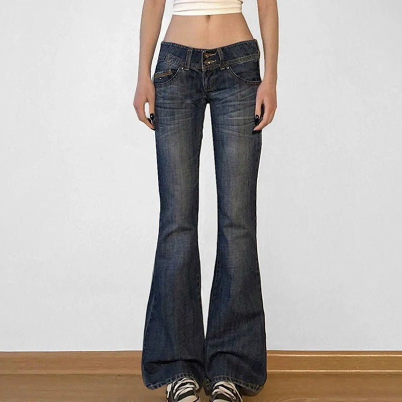 Women Y2K Low Rise Bootcut Flare Jeans Black Striped Denim Streetwear Pants