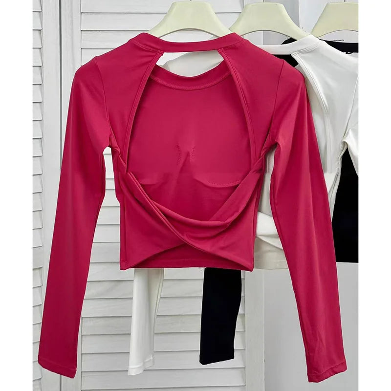 Women Yoga Long Sleeve Crop Top Backless Slim Fit Waist Cinch Fitness Shirt