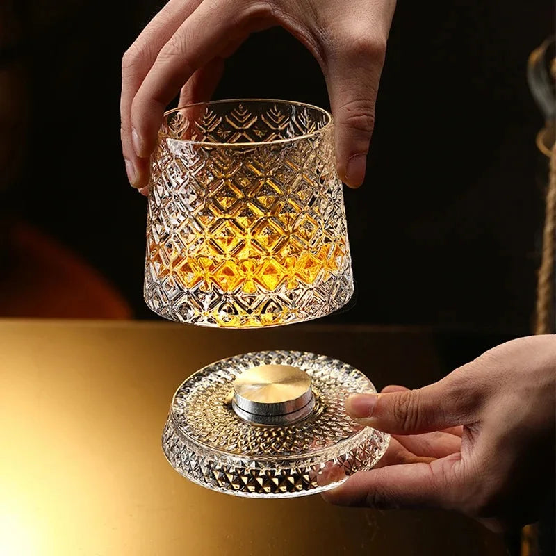 Rotating Whiskey Glass 360 Degree Crystal Tumbler with Glass Base for Cocktail