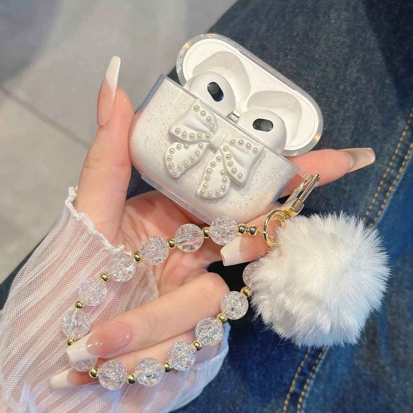 AirPods 1/2/3/4/Pro/Pro 2 Cute Glitter Bow Case with Fur Ball Keychain Protective Cover