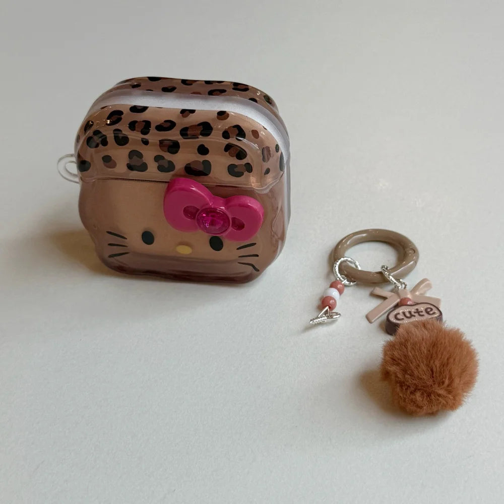 Leopard Print KT Cat AirPods Case 3D Bow Protective Cover with Keychain