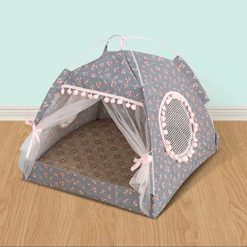 Floral Cat Tent Bed Semi Enclosed Pet Nest
