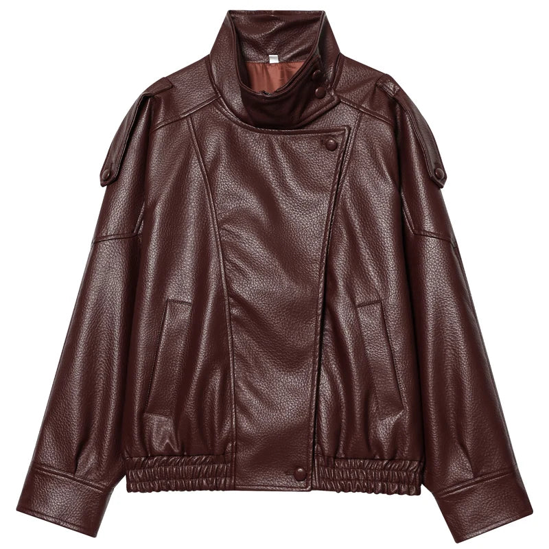 Women Black Cropped Faux Leather Bomber Jacket Oversize Zip Up Coat