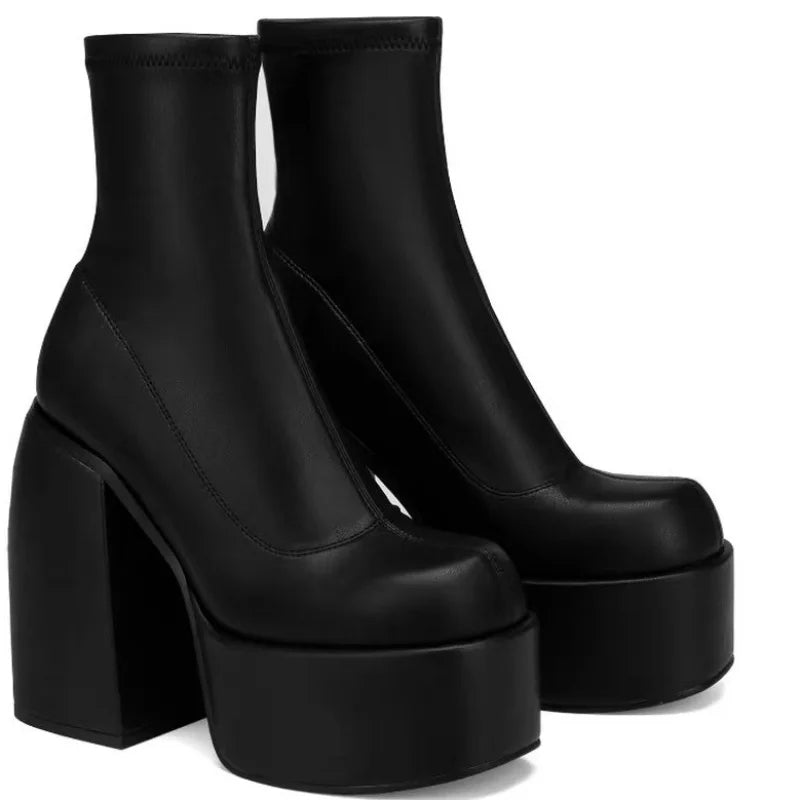 Women Square Toe Short Boots Leather Zipper High Heel Thick Sole Fashion Shoes