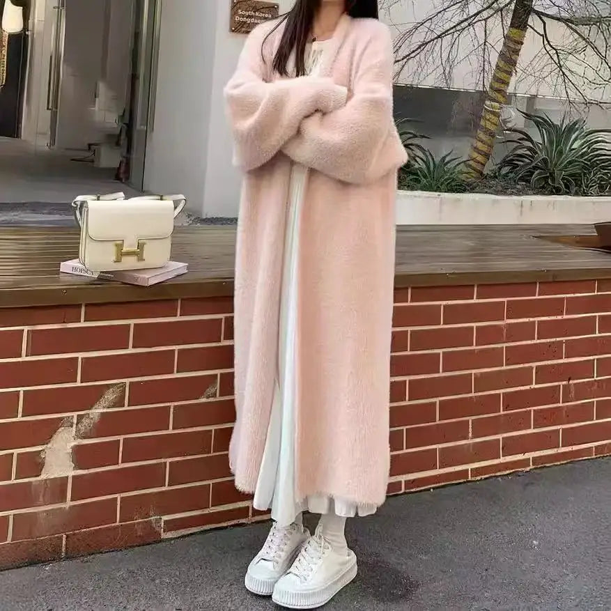 Women Loose Fit Knit Coat Knee Length Faux Fur Long Sleeve Warm Winter Jacket