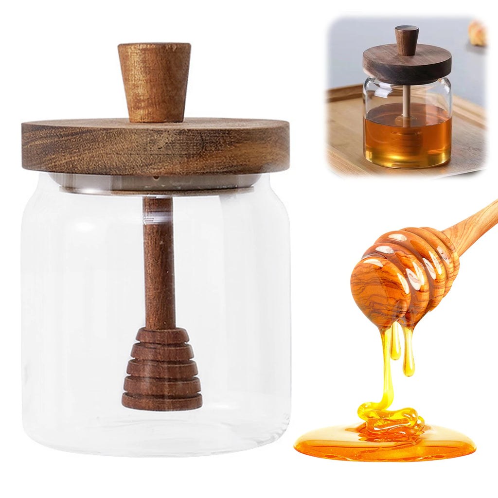 Glass Honey Jar with Dipper Lid Wide Mouth Syrup Dispenser Container